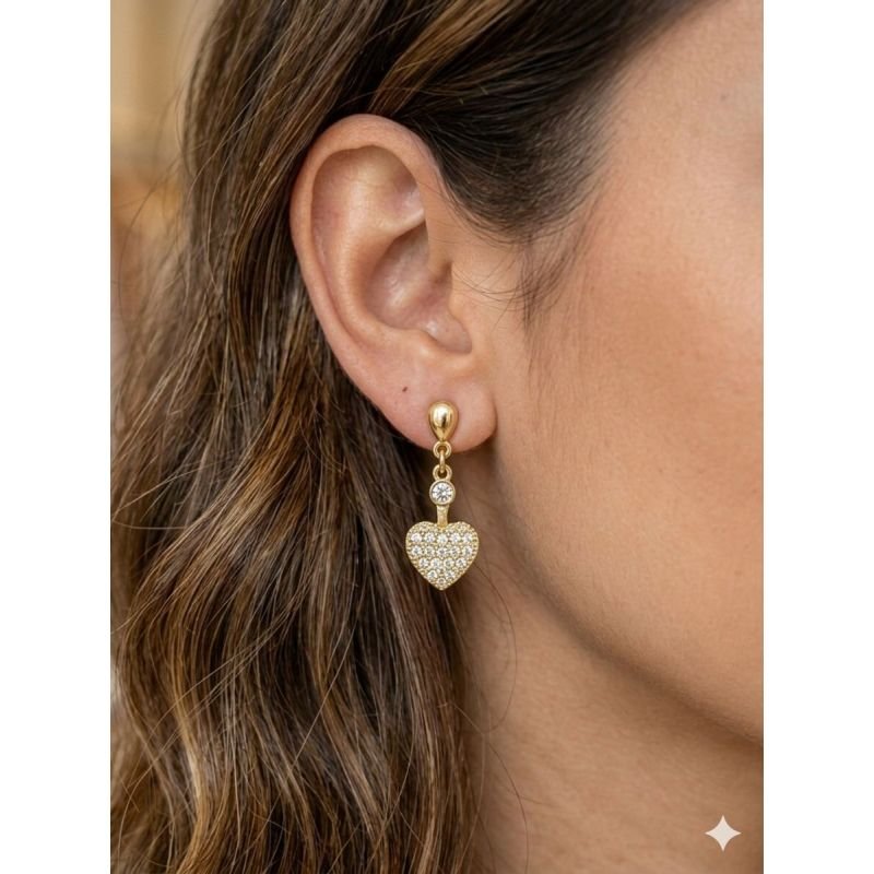 Brinco Pendente Coração Cravejado