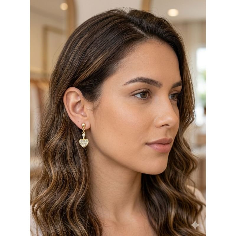 Brinco Pendente Coração Cravejado